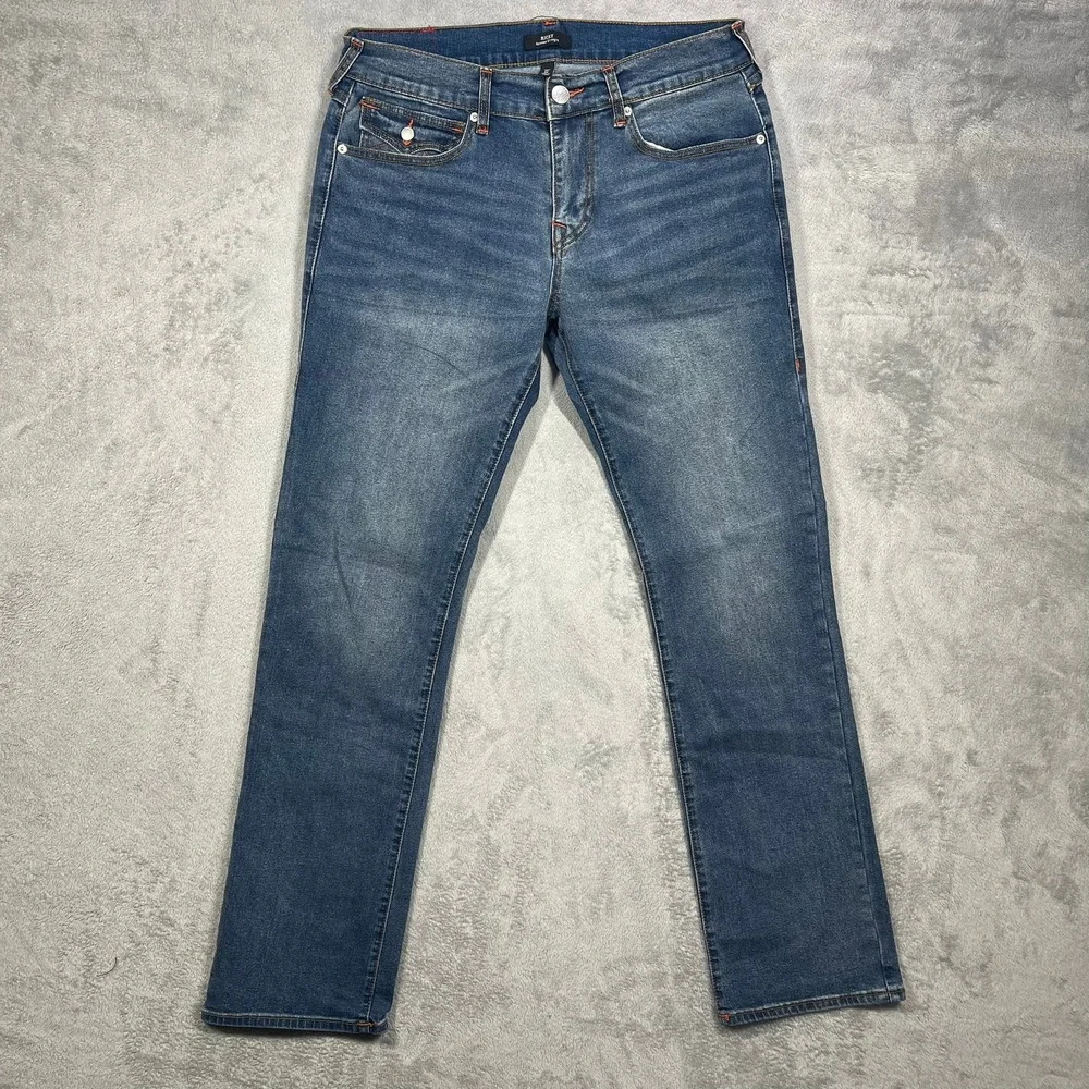 True Religion Ricky Jeans Mens 32 Blue Relaxed‎ Straight Contrast Stitch